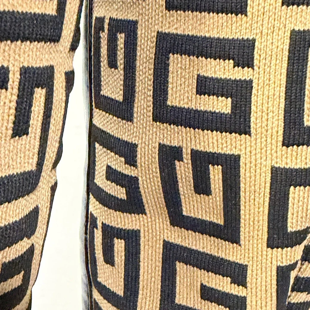 Guess Over The Knee Boots Womens Black Tan Monogram Knit Pull on/Zip